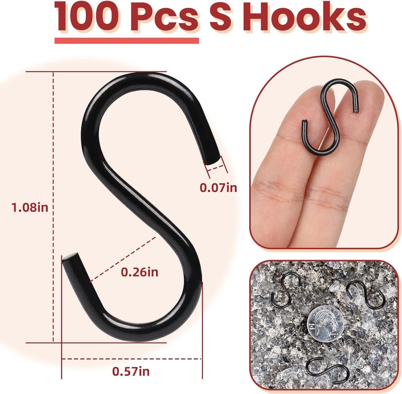 AUGHOA 100PCS 1 Inch S Hook, Mini S Hook for Displaying Keychains on Racks, S Shaped Small Hooks for Ornaments, DIY Crafts, Hardware Wooden Signs Planters, Black - Image 2
